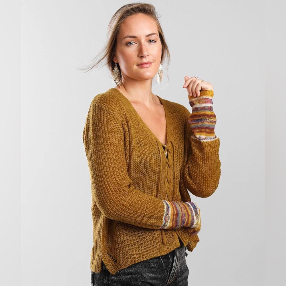 Lace-Up Striped Cardigan Sweater by
EN CREME